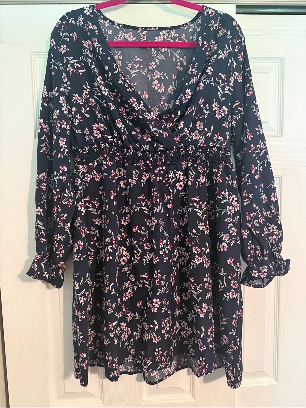 SHEIN Navy Floral Long Sleeve Smocked Waist Dress